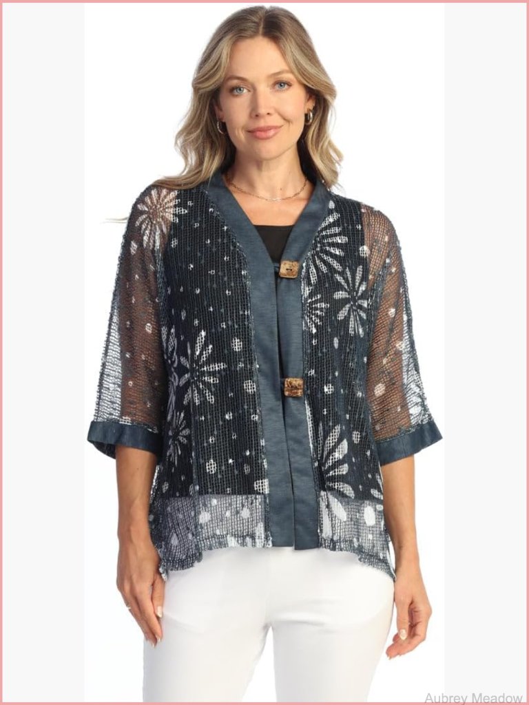 Boucle Mesh Cardigan V-Neck 3/4 Sleeve Relaxed Fit Lightweight Layering